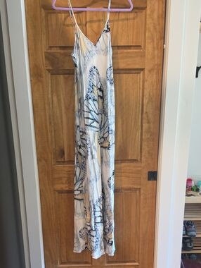 Women’s Maxi Slip Dress in White and Light Blue with Butterfly Motif